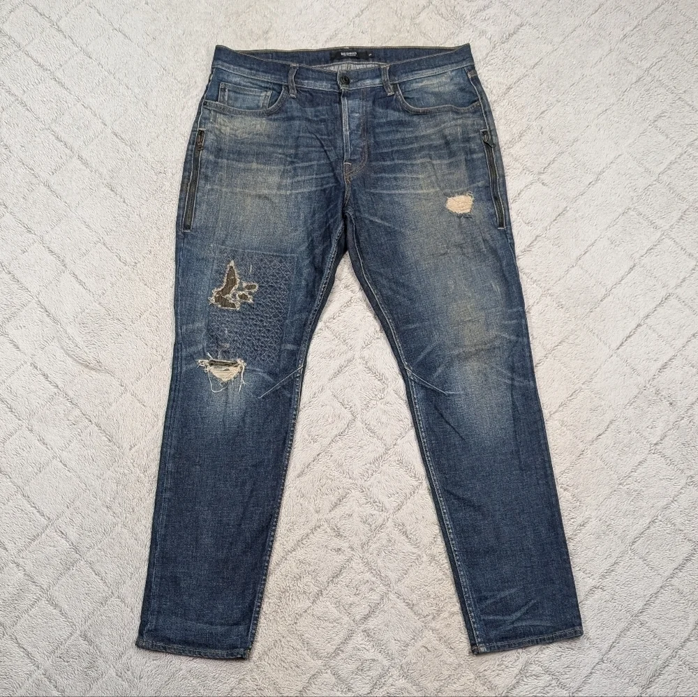 Hudson Jeans Mens 36x32 Blue Dark Wash Sartor Relaxed Skinny Distressed Moto